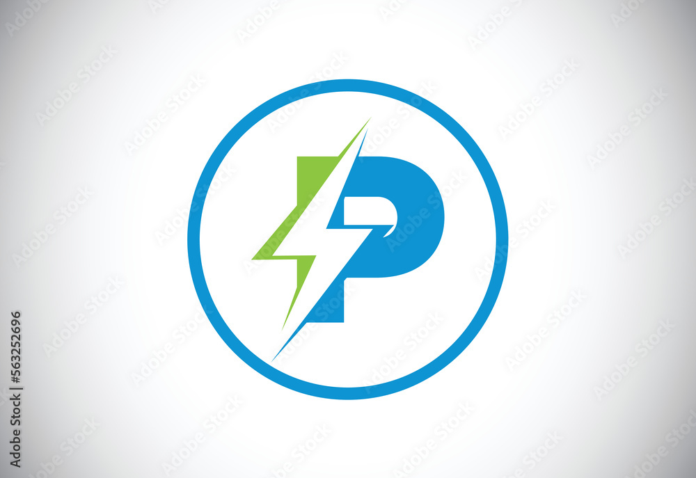 Initial P letter logo design with lighting thunder bolt. Electric bolt letter logo vector Initial P letter logo design with lighting thunder bolt. Electric bolt letter logo vector