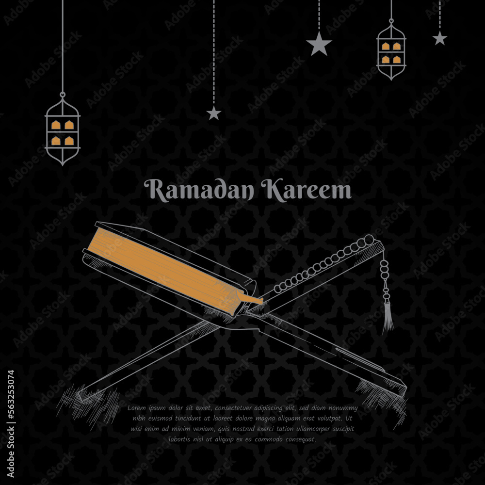 Ramadan kareem template design with Al-qur'an hand drawn design with star and simple lantern Ramadan kareem template design with Al-qur'an hand drawn design with star and simple lantern