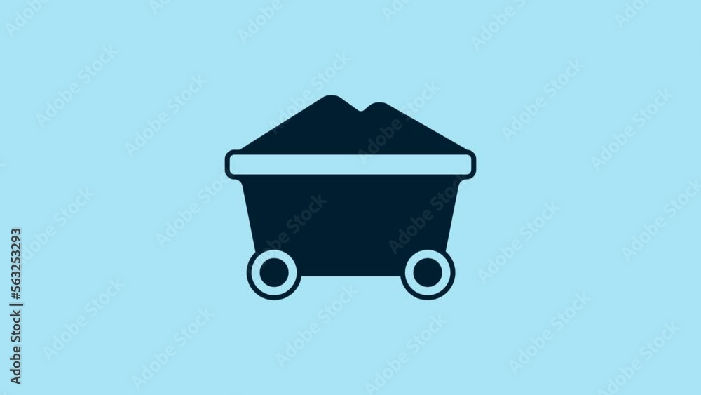Blue Coal mine trolley icon isolated on blue background. Factory coal mine trolley. 4K Video motion graphic animation