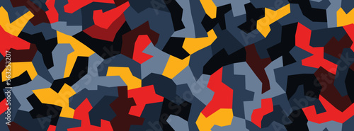 Fashionable geometric poly camouflage pattern. Stylish volcano print for fabric seamless background. Lava flow camo black orange and yellow ash texture. Vector sporty fiery coloring textile graphics