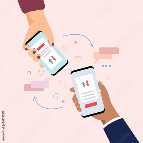 Hand holding mobile phone and sharing social media on application .