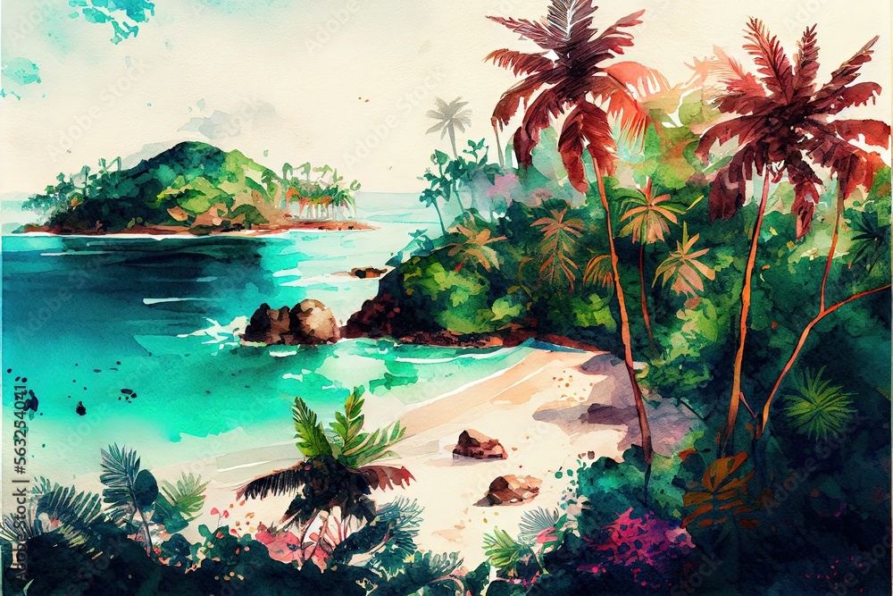 Fototapeta premium Tropical paradise landscape, watercolor painting, Generative ai