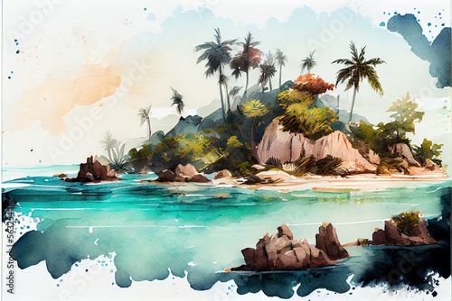 Tropical paradise landscape, watercolor painting, Generative ai