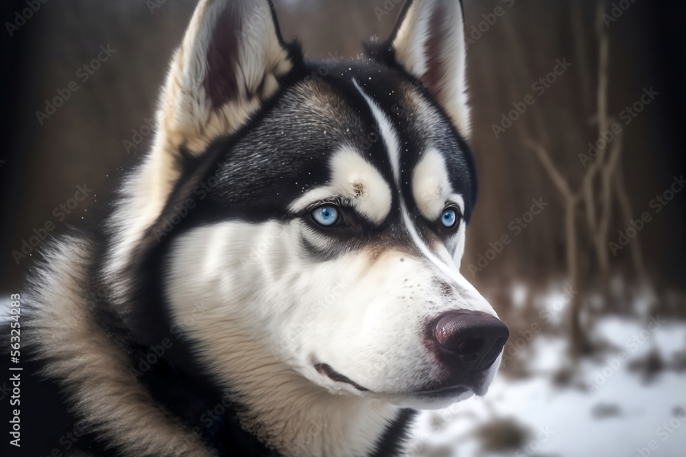 Portrait of a beautiful Siberian Husky with blue eyes in a snowy forest created with Generative AI Technology