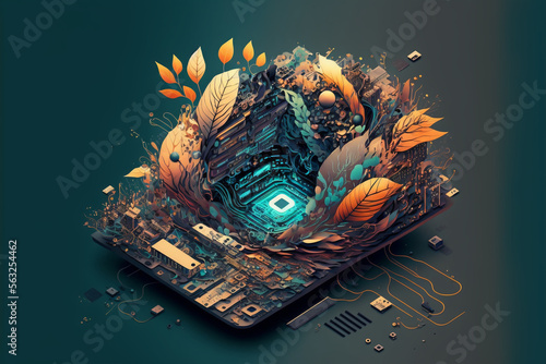 High-end PC motherboard merging with the beauty of nature, Digital Art Design, unique illustration concept | Generative AI