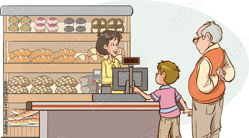 boy buying bread from the bakery cartoon vector
