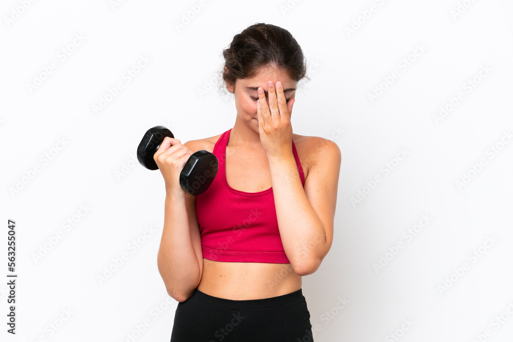 Young sport caucasian woman making weightlifting isolated on white background with tired and sick expression Young sport caucasian woman making weightlifting isolated on white background with tired and sick expression