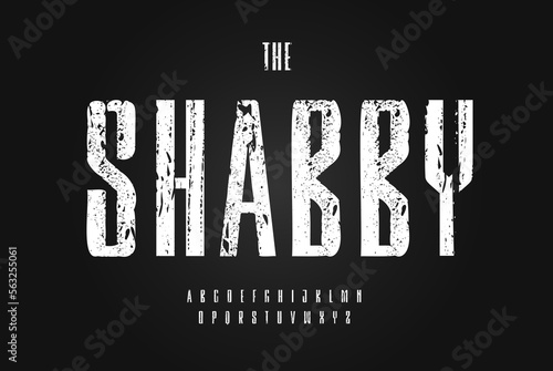 Shabby alphabet, tall rough and sturdy scratched letters, sport industrial font for sturdy logo, sports headline, vintage urban typography, strong phrases. Vector typographic design