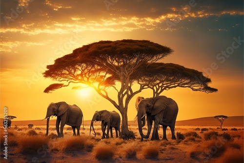 Group of wild elephants grazing in a savanna , created with Generative AI technology