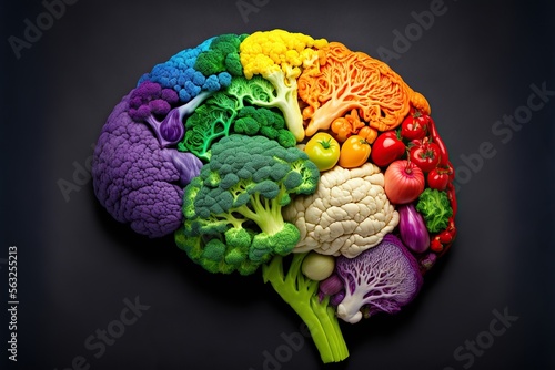 Canvas Print Human brain made of variety of colorful vegetables, concept of vegetarian, vegan