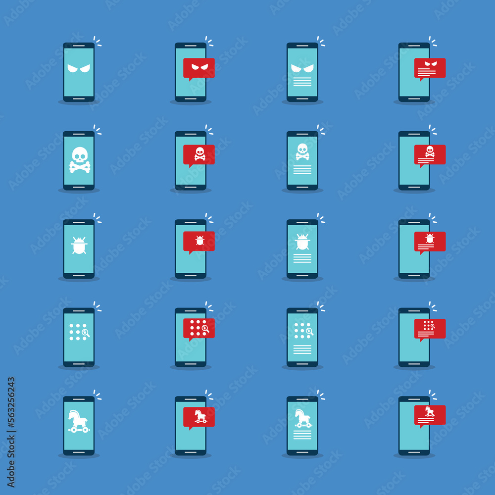 Malware notification on mobile phone. Virus, malware, email fraud, e-mail spam, phishing scam, hacker attack concept. Vector illustration. Icons set. Malware notification on mobile phone. Virus, malware, email fraud, e-mail spam, phishing scam, hacker attack concept. Vector illustration. Icons set.