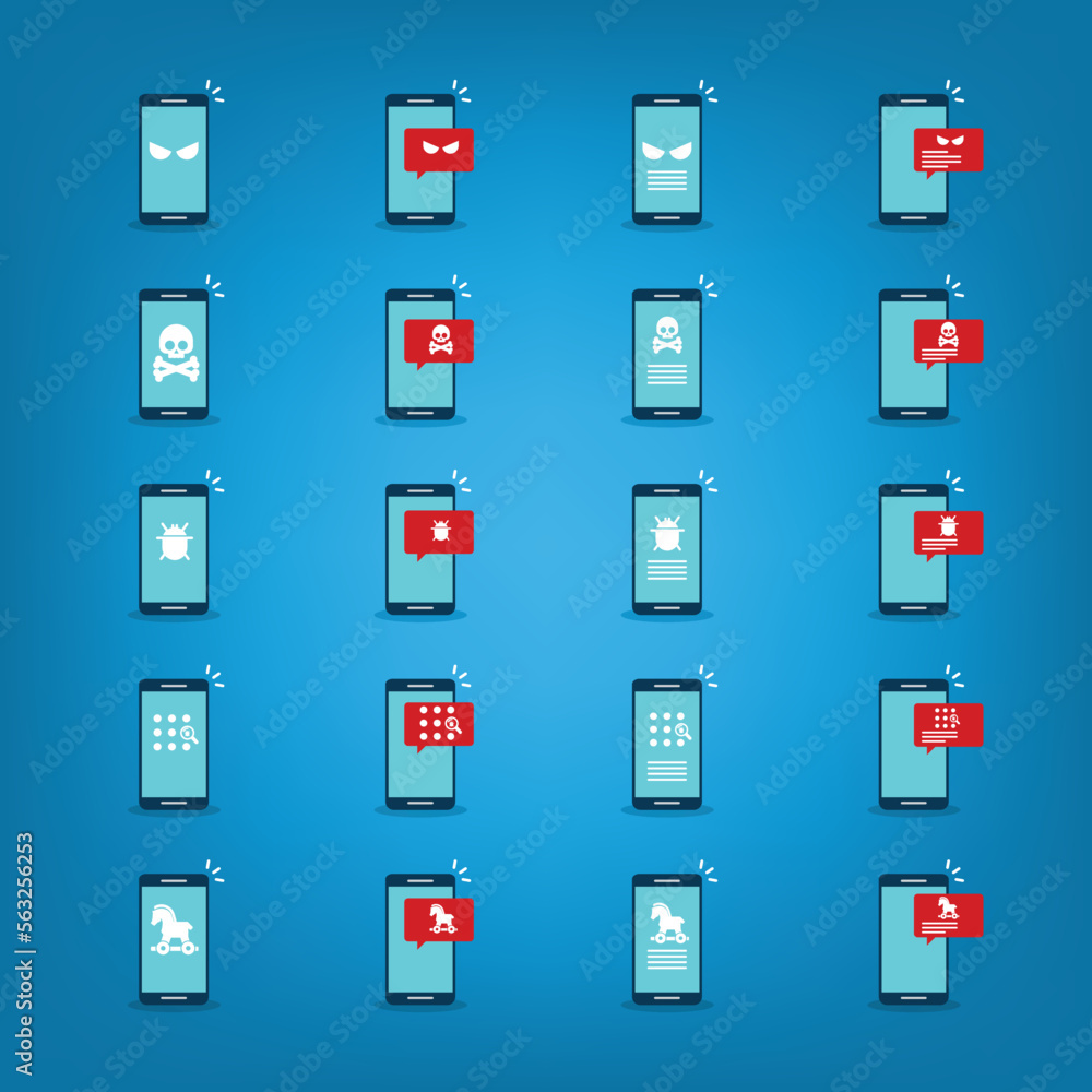 Malware notification on mobile phone. Virus, malware, email fraud, e-mail spam, phishing scam, hacker attack concept. Vector illustration. Icons set. Malware notification on mobile phone. Virus, malware, email fraud, e-mail spam, phishing scam, hacker attack concept. Vector illustration. Icons set.