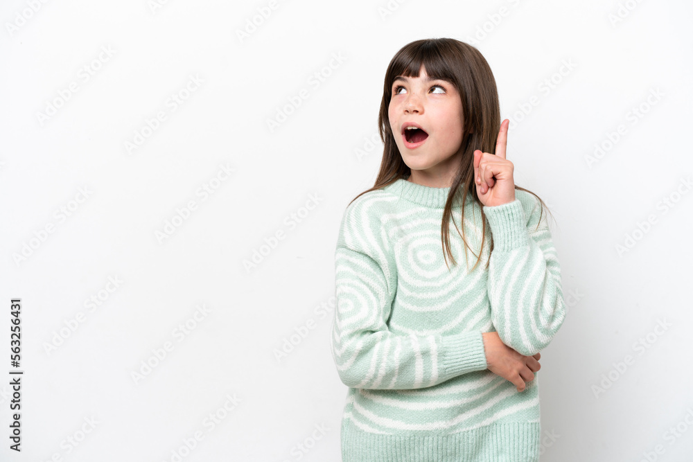 Little caucasian girl isolated on white background thinking an idea pointing the finger up Little caucasian girl isolated on white background thinking an idea pointing the finger up