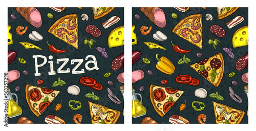 Seamless pattern slice pizza Pepperoni, Hawaiian, Margherita, Mexican, Seafood, Capricciosa with ingredients. Vintage vector engraving