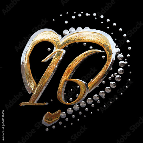 3D ILLUSTRATION. GOLD AND SILVER TEXT EFFECT ANNIVERSARY DATE NUMBERS WITH HEART RING photo