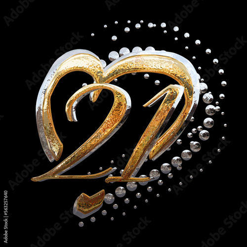 3D ILLUSTRATION. GOLD AND SILVER TEXT EFFECT ANNIVERSARY DATE NUMBERS WITH HEART RING photo