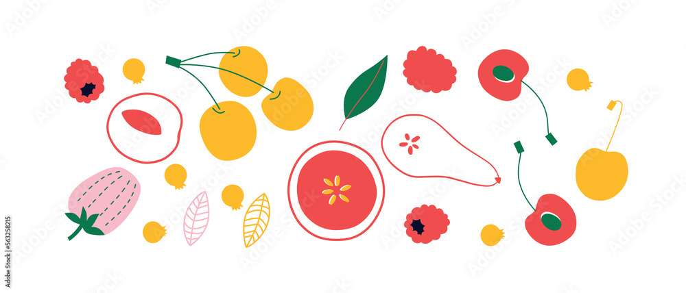 Cute appetizing Fruits and berries collection. Decorative abstract horizontal banner with colorful doodles. Hand-drawn modern illustrations with Fruits and berries, abstract elements. Cute appetizing Fruits and berries collection. Decorative abstract horizontal banner with colorful doodles. Hand-drawn modern illustrations with Fruits and berries, abstract elements.