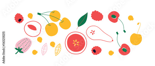 Cute appetizing Fruits and berries collection. Decorative abstract horizontal banner with colorful doodles. Hand-drawn modern illustrations with Fruits and berries, abstract elements. 