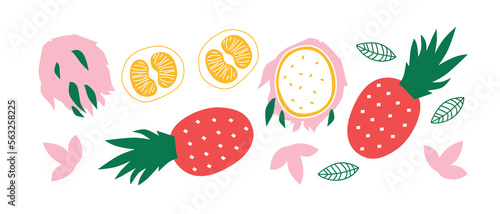 Cute appetizing Fruits and berries collection. Decorative abstract horizontal banner with colorful doodles. Hand-drawn modern illustrations with Fruits and berries, abstract elements. 