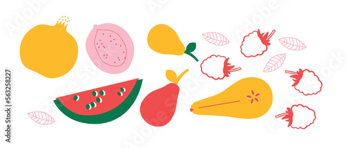 Cute appetizing Fruits and berries collection. Decorative abstract horizontal banner with colorful doodles. Hand-drawn modern illustrations with Fruits and berries, abstract elements. 