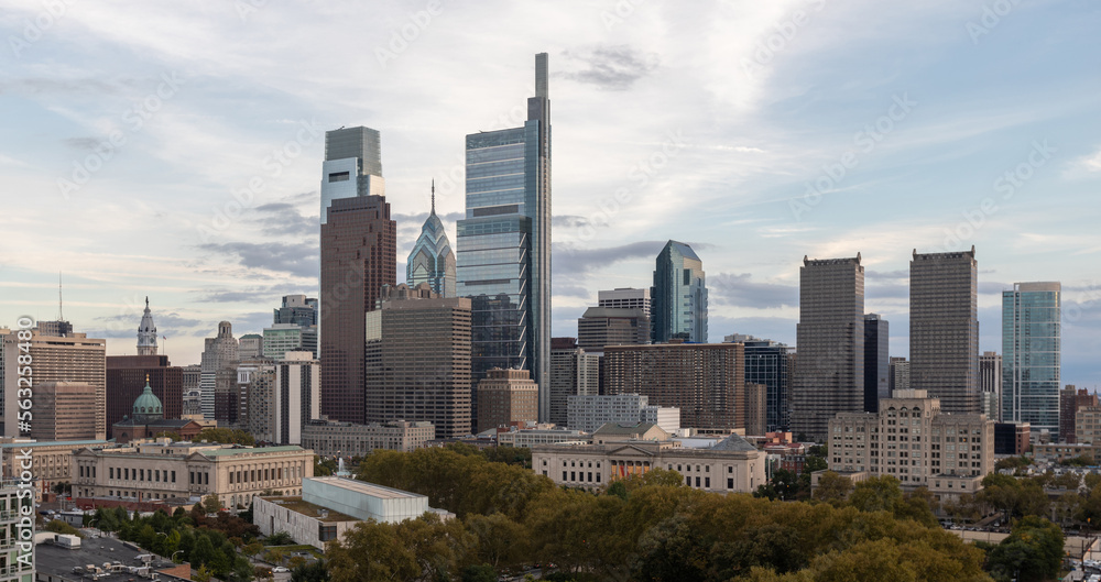 Philadelphia City Center and Business District Skyscrapers. Pennsylvania. Cloudy Blue Sky. Philadelphia Downtown.