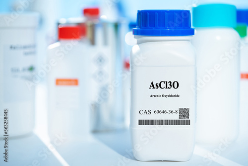 AsCl3O arsenic oxychloride CAS 60646-36-8 chemical substance in white plastic laboratory packaging photo
