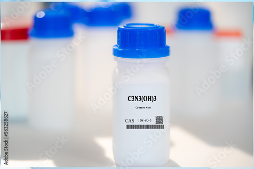 C3N3(OH)3 cyanuric acid CAS 108-80-5 chemical substance in white plastic laboratory packaging photo