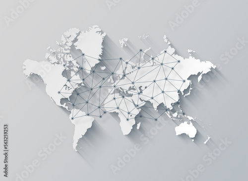 World map and digital network illustration on a white background