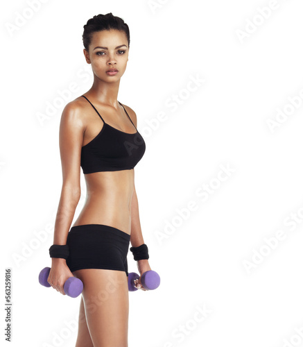 Sport dumbbell, training and portrait of a black woman workout for healthy lifestyle and exercise. White background, isolated and health of a woman athlete in underwear for body cardio and sports