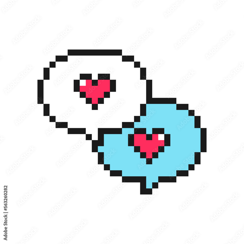 Speech bubbles with hearts, pixel icon. Love symbol for Valentine's Day. Isolated on white background vector sign Speech bubbles with hearts, pixel icon. Love symbol for Valentine's Day. Isolated on white background vector sign