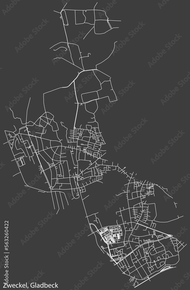 Detailed negative navigation white lines urban street roads map of the ZWECKEL DISTRICT of the German town of GLADBECK, Germany on dark gray background