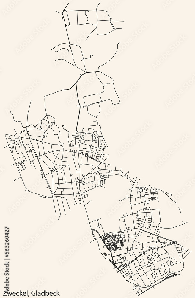 Detailed navigation black lines urban street roads map of the ZWECKEL DISTRICT of the German town of GLADBECK, Germany on vintage beige background