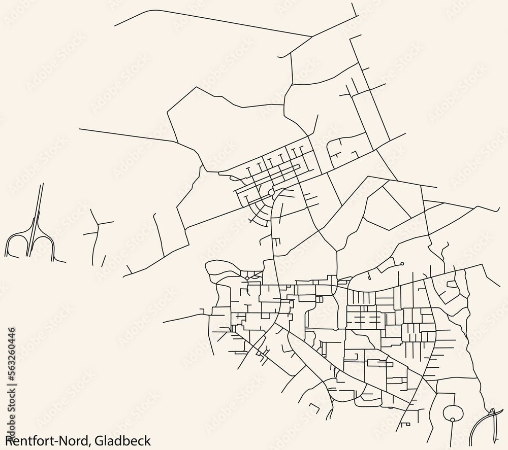 Detailed navigation black lines urban street roads map of the RENTFORT-NORD DISTRICT of the German town of GLADBECK, Germany on vintage beige background