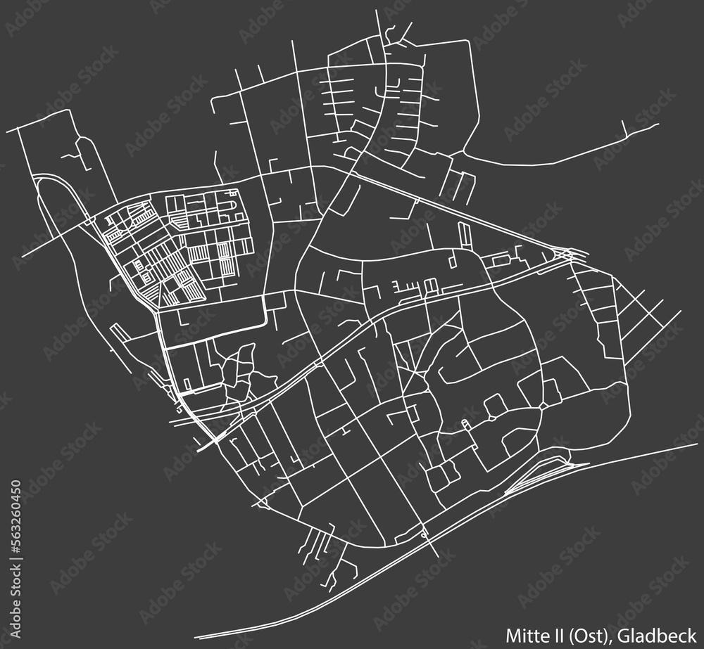 Detailed negative navigation white lines urban street roads map of the MITTE 2 ( OST) DISTRICT of the German town of GLADBECK, Germany on dark gray background