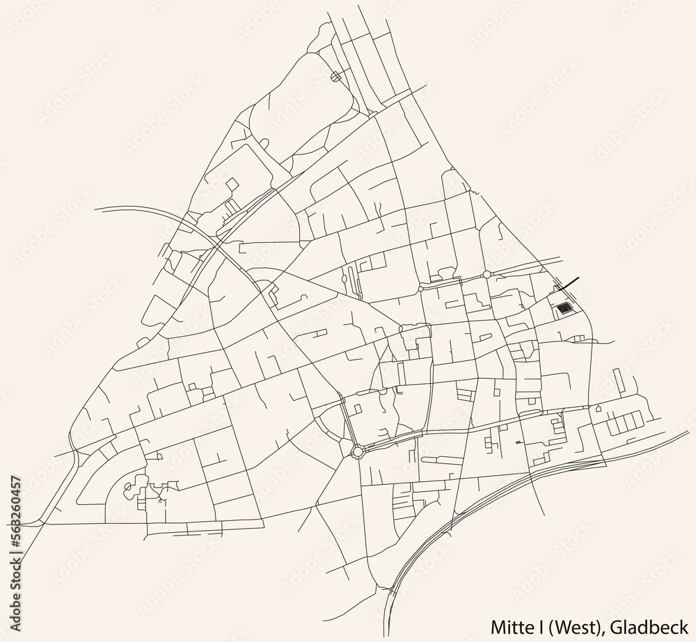 Detailed navigation black lines urban street roads map of the MITTE 1 ( WEST) DISTRICT of the German town of GLADBECK, Germany on vintage beige background