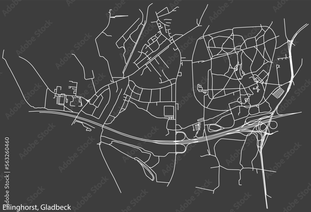 Detailed negative navigation white lines urban street roads map of the ELLINGHORST DISTRICT of the German town of GLADBECK, Germany on dark gray background
