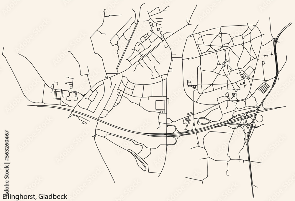 Detailed navigation black lines urban street roads map of the ELLINGHORST DISTRICT of the German town of GLADBECK, Germany on vintage beige background