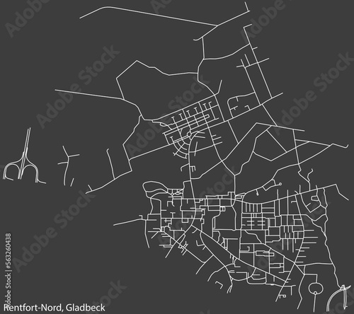 Detailed negative navigation white lines urban street roads map of the RENTFORT-NORD DISTRICT of the German town of GLADBECK, Germany on dark gray background