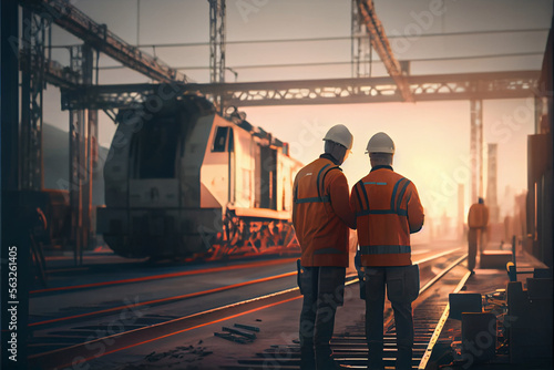  Engineers technician team checkup and analyzing an unfinished on railway station construction project with software and blueprint, Design and plan construction, Teamwork. photo