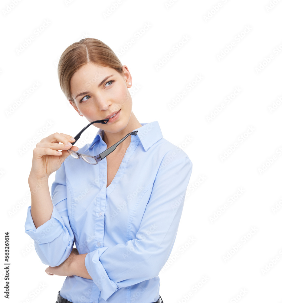 Beautiful woman, thinking and isolated on a white background standing in thought with spectacles. Attractive young female model holding eyewear contemplating or wondering about sight, vision or idea Beautiful woman, thinking and isolated on a white background standing in thought with spectacles. Attractive young female model holding eyewear contemplating or wondering about sight, vision or idea