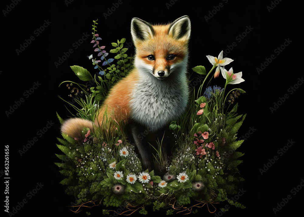 Obraz premium Young fox surrounded by flora and fauna in a tiny ecosystem. Generative AI.