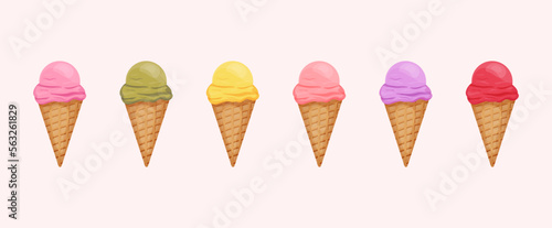 A set of ice creams in a waffle glass of different colors. Pink background. Vector stock illustration. isolated. Food, treat.