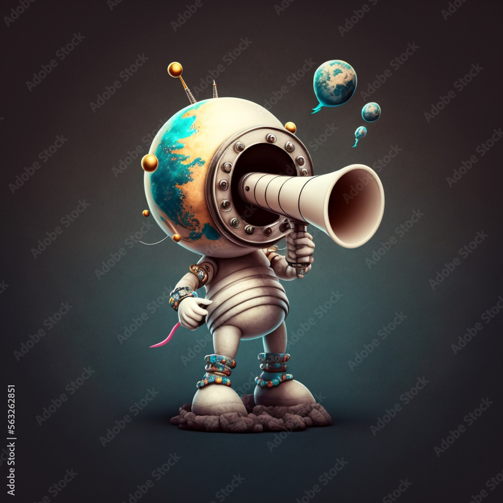 a small robot in a cosmonaut costume with a head in the form of the earth and speaks into a loud speaker on a black background