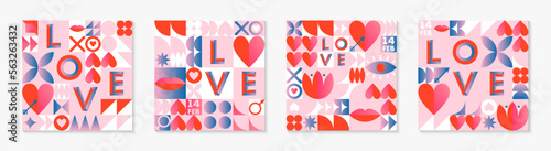 Valentines Day pattern templates.Romantic vector wallpapers in bauhaus style with geometric elements and symbols.Modern trendy designs for prints,banners,fabric,invitations,branding,covers.