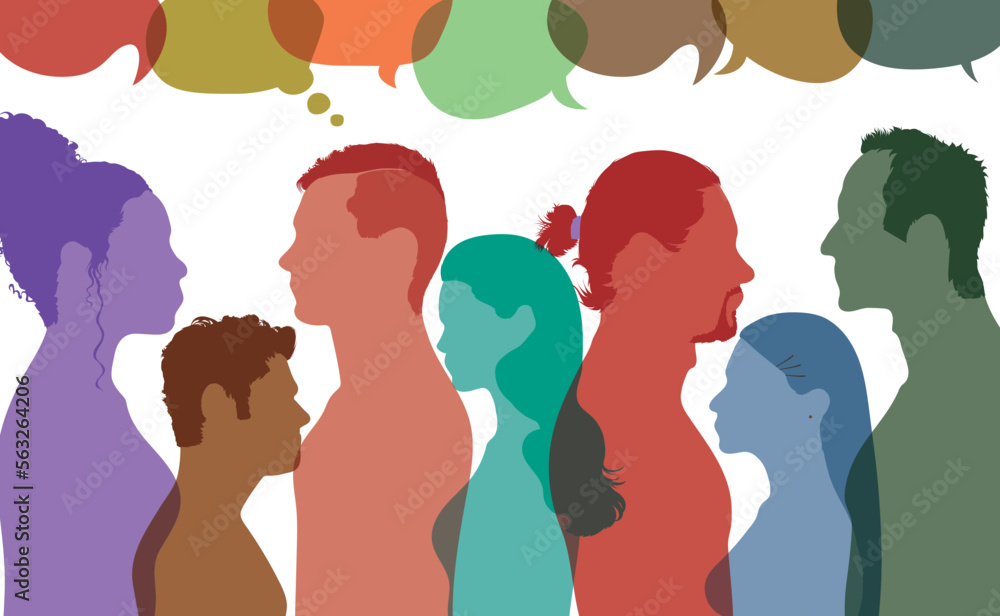 Multi-ethnic people in community. Immigration of diversity people. socail networking and Speech bubble. Flat vector illustration