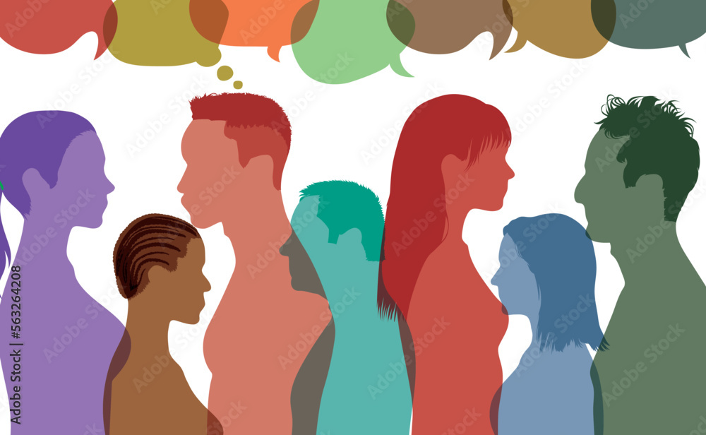 Fototapeta premium Multi-ethnic people in community. Immigration of diversity people. socail networking and Speech bubble. Flat vector illustration