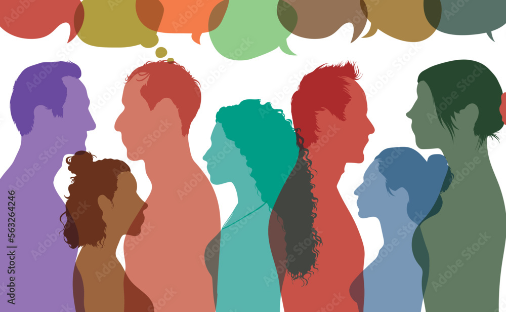 Multiethnic crowd share information and ideas. Communication and diversity people. Flat vector illustration