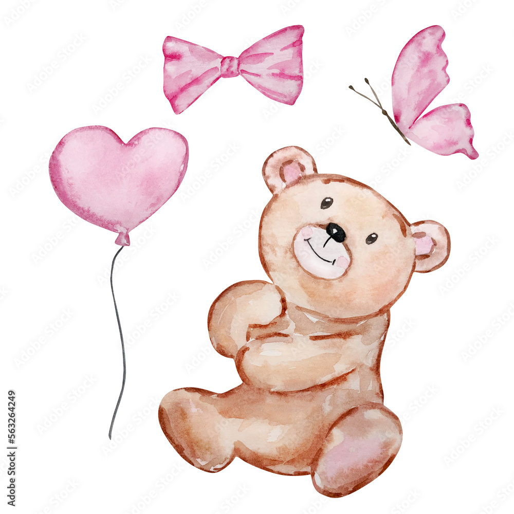 Fototapeta premium Watercolor Cute Teddy Bears Valentine's Day