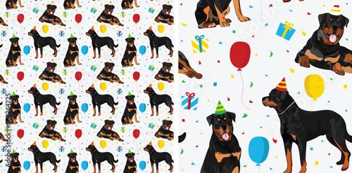 Happy Birthday Pattern with Rottweiler dog in a party hat, seamless texture. Repeatable textile, wrapping paper, white background graphic design. Holiday wallpaper with sitting toy dogs, and confetti.