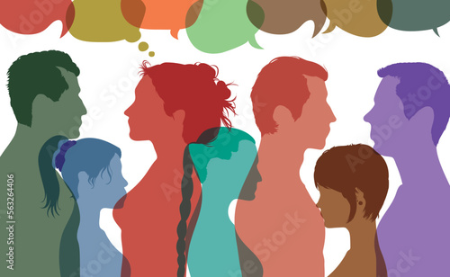 Diverse people different cultures. Communication between people. Speech bubble and Interview. Flat vector illustration